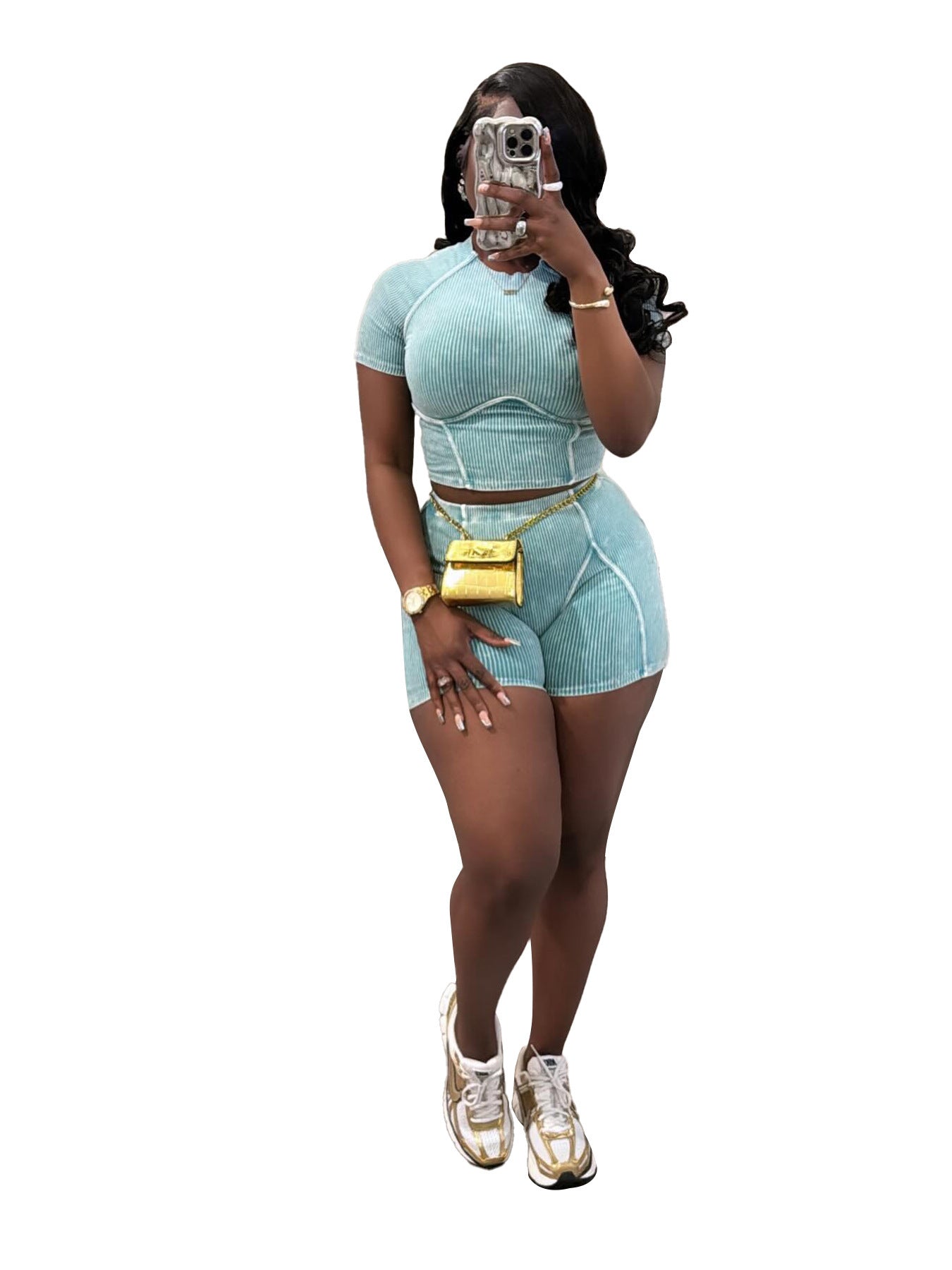 Thread Washed Faded Distressed Two-piece Shorts Suit - Chic Angle